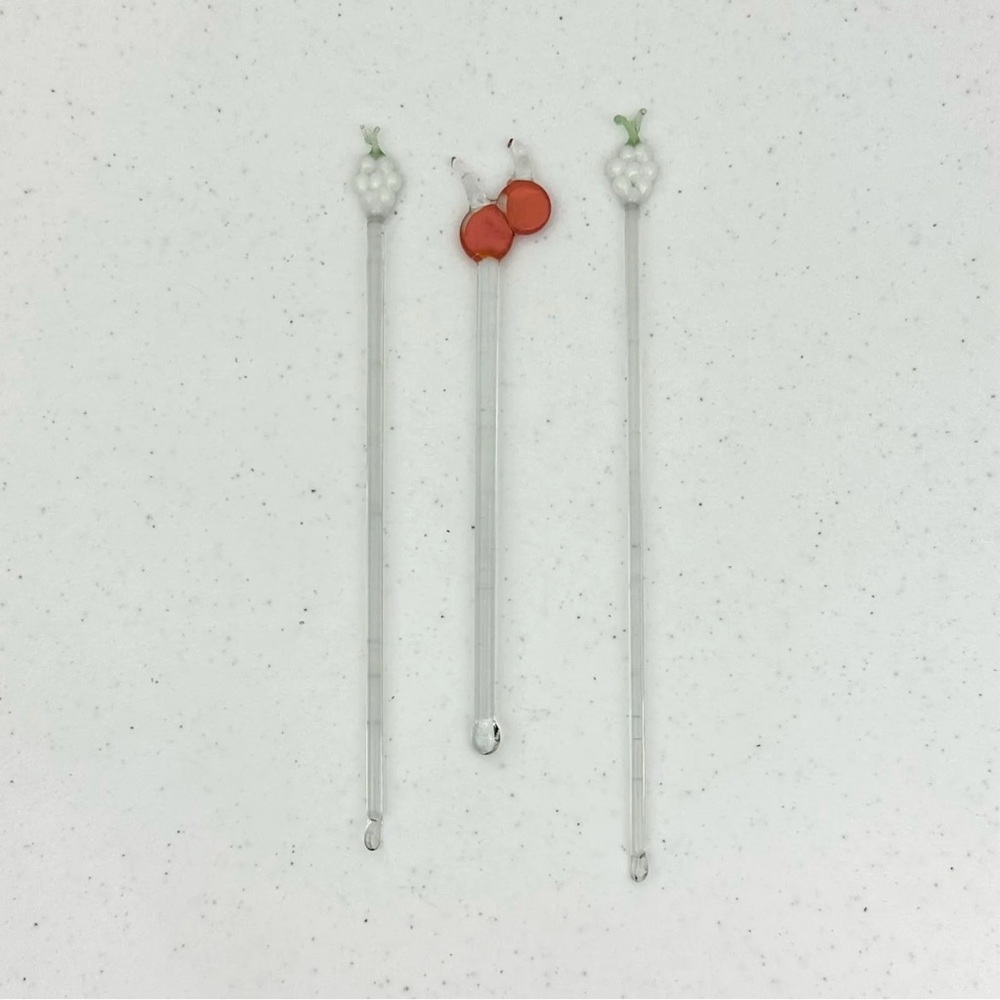 Hand Blown Glass Fruit Grapes & Cherry Bar Stir Sticks Drink Stirrer Set Of 3